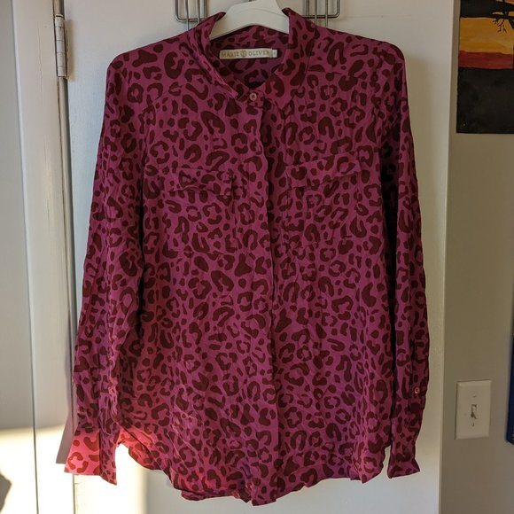 Marie Oliver Tops - Marie Oliver Red and Pink Cheetah Leopard Print Silk Button Down Blouse Size Med